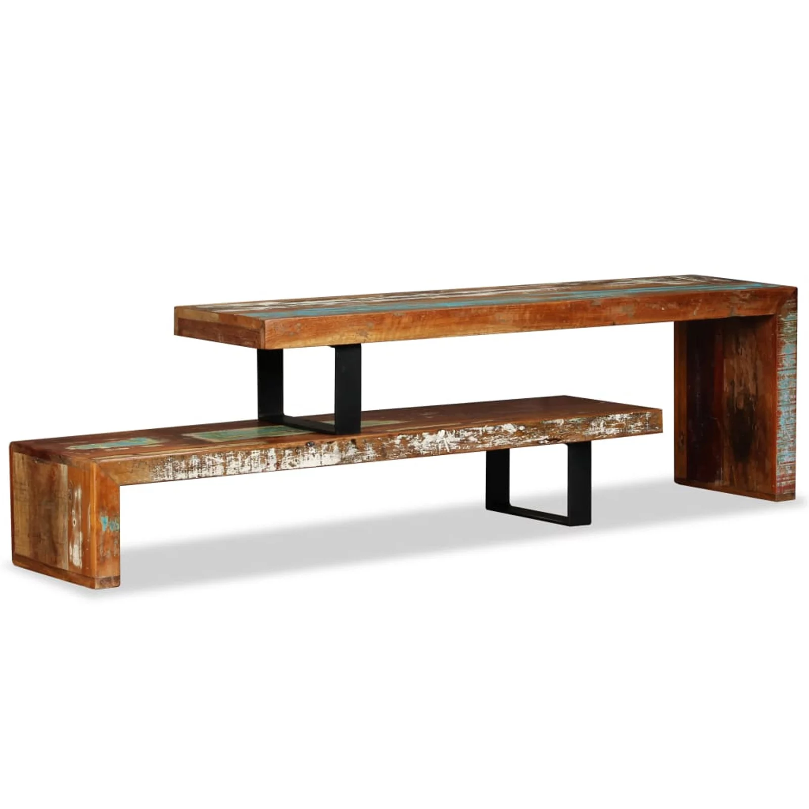 moobody 2 Tier TV Stand with Storage Space and Iron Legs Wooden Stackable Couch Table End Side Table Living Room Home Office Furniture Handmade (Reclaimed Wood)