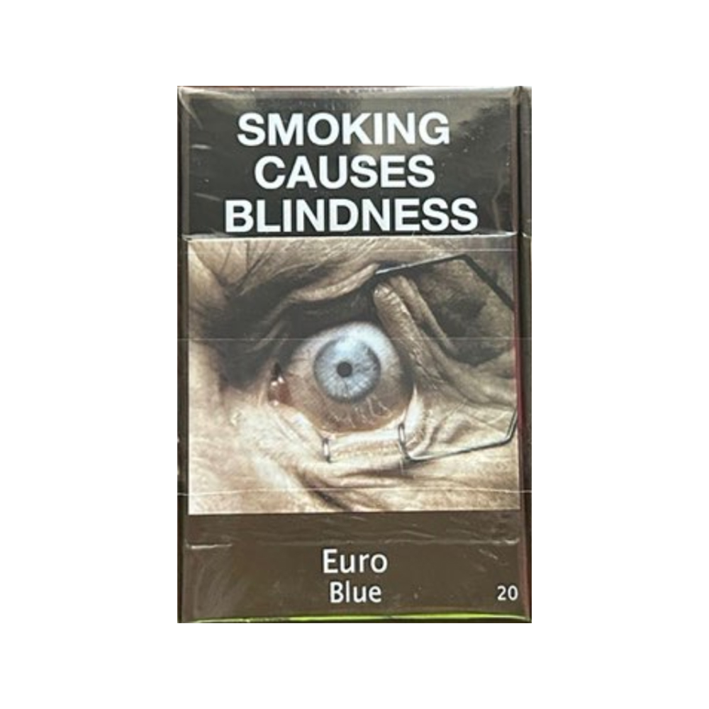 Euro Blue premium cigarette pack featuring smooth blend and classic dark design