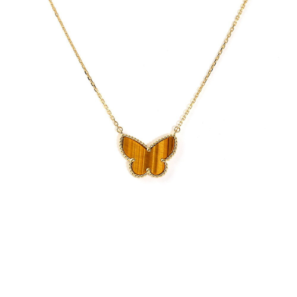 Van Cleef & Arpels Lucky Alhambra Papillon Necklace 18K Yellow Gold Tiger Eye VCARD98500
