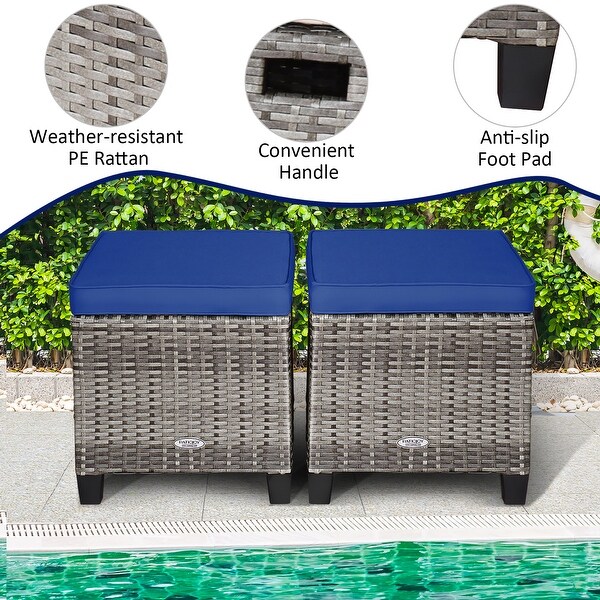Costway 2PCS Patio Rattan Cushioned Ottoman Seat Foot Rest Table