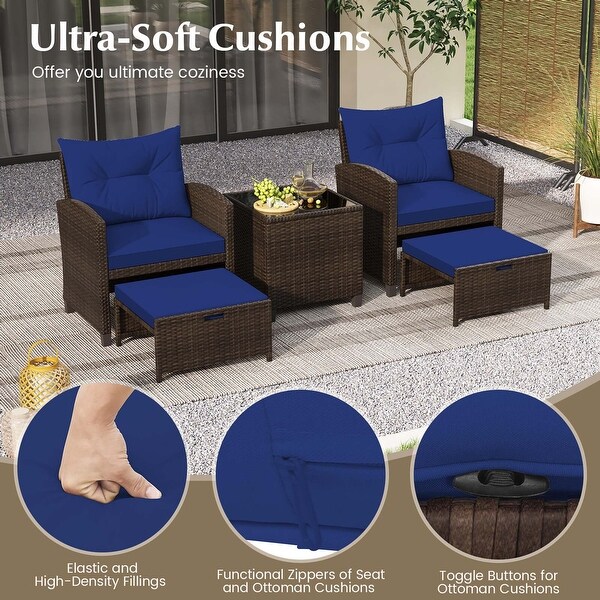Costway 5 Piece Patio Rattan Furniture with 2 Ottomans and Tempered