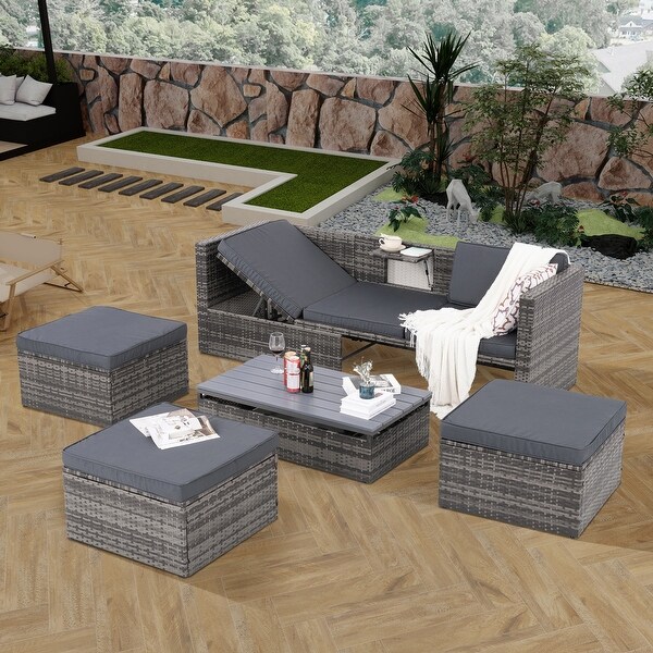 MultiFunctional Patio Sectional Furniture Set,5 Set PE Wicker Lounger Sofa Set with Adjustable Seat and Lift Coffee Table
