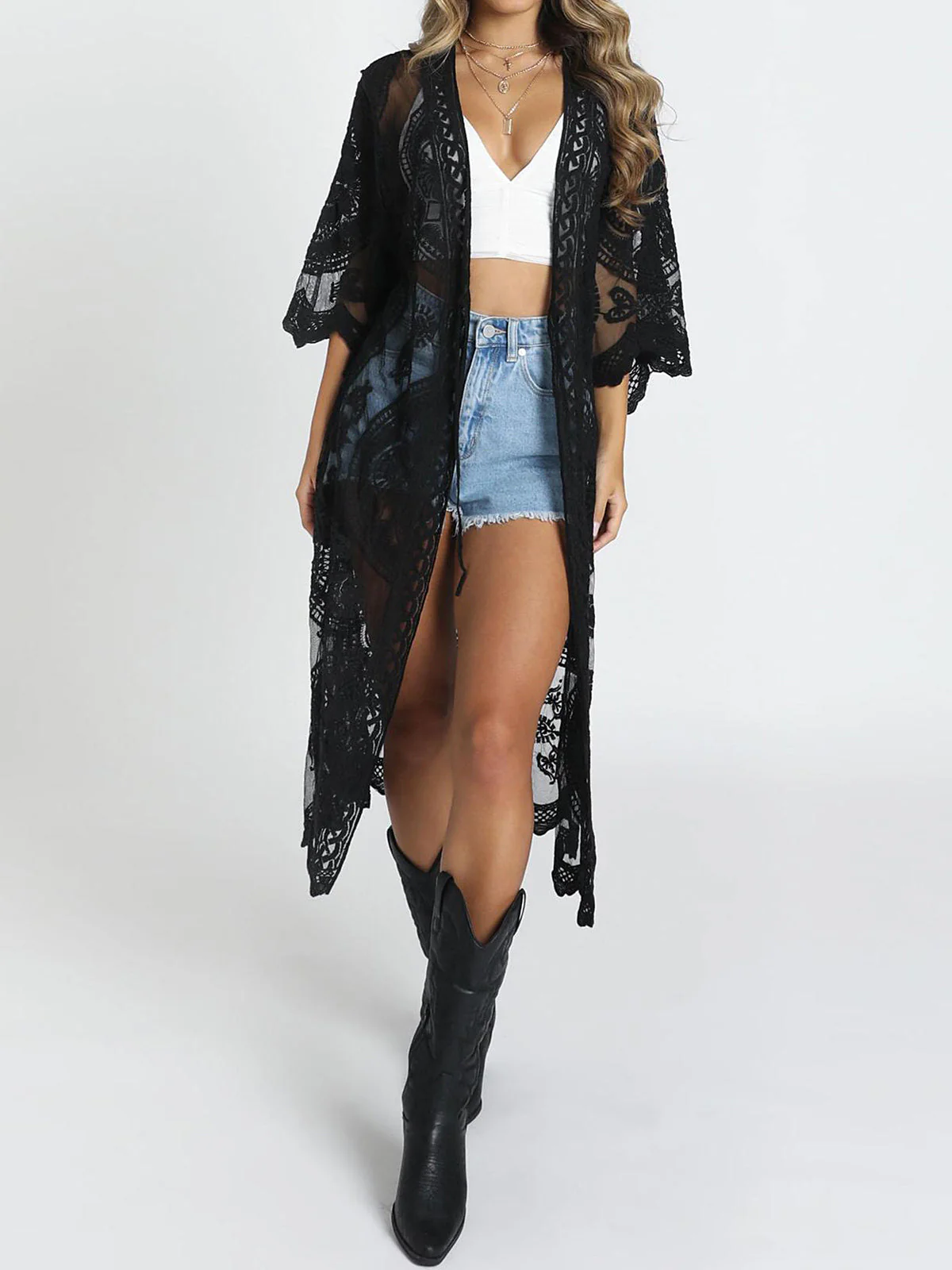 Embroidered Lace Kimono Beach Cover UpClistos