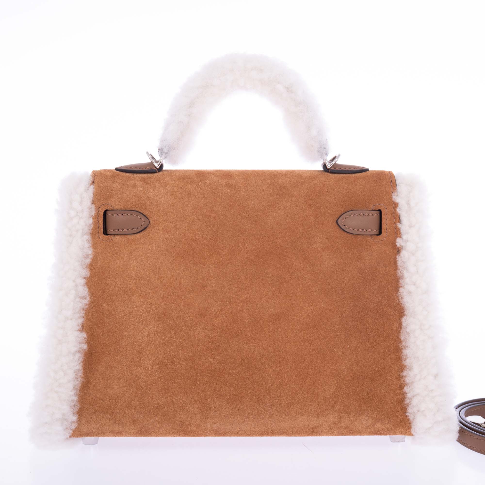 Hermès Teddy Mini Kelly 20 Chamois Grizzly, Alezan Swift and Ecru Mouton Shearling Palladium Hardware