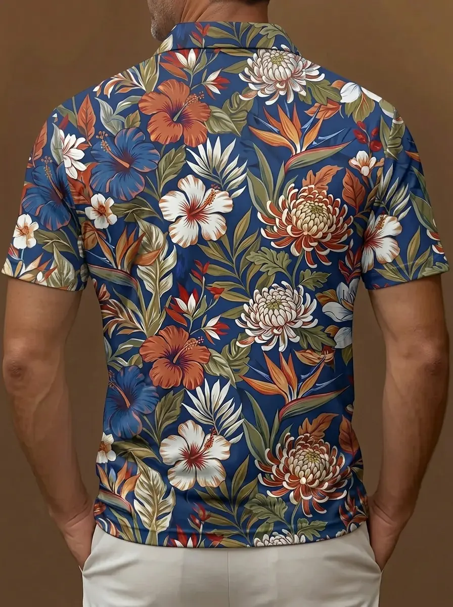 Blue Tropical Hibiscus Floral Print Short Sleeve Golf Polo Shirt