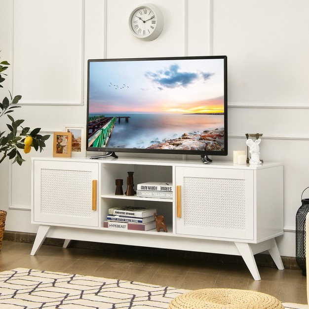 Wood Entertainment Center W rattan Cabinets For Living Room Bedroom White