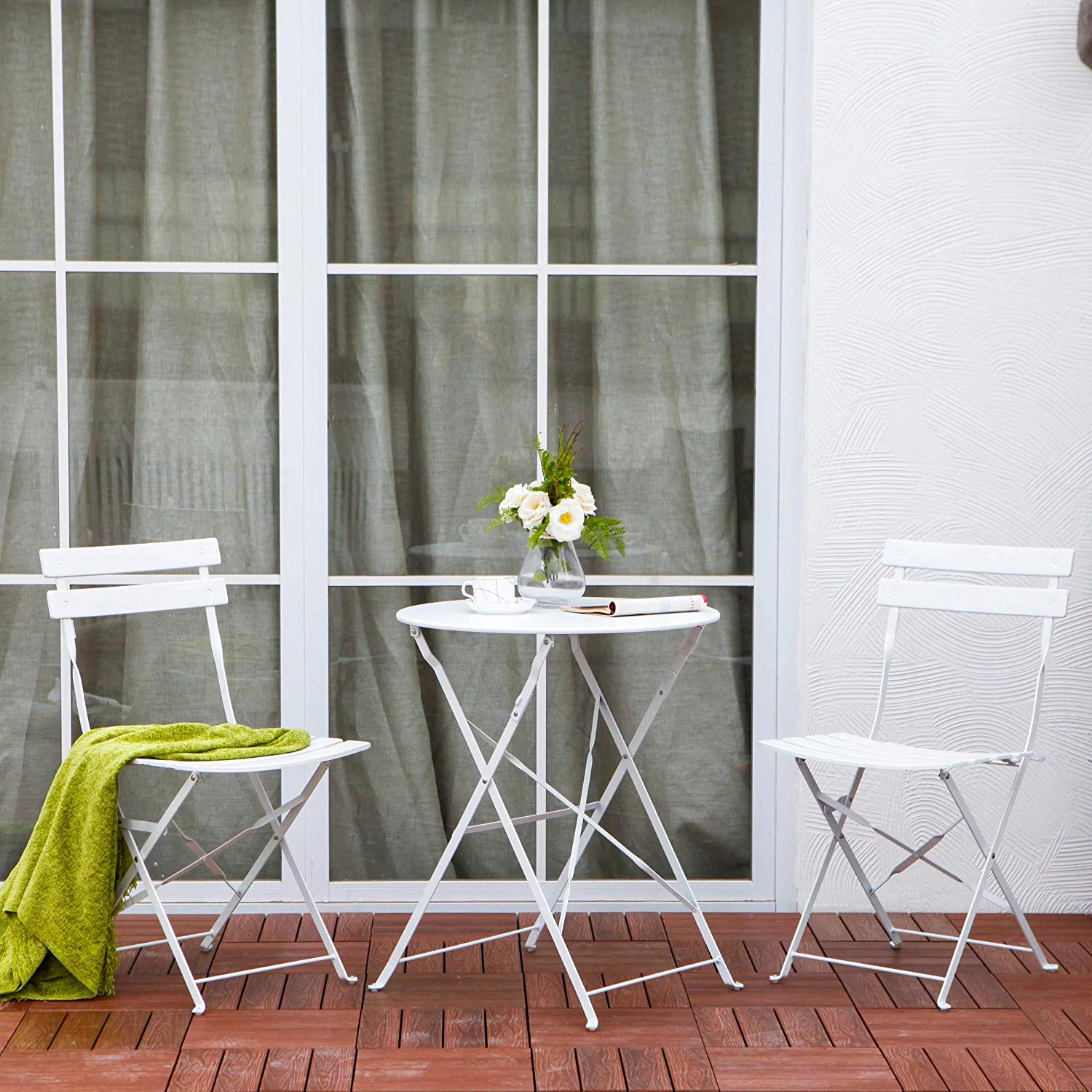 Boyel Living Patio Bistro Set, Folding Outdoor Patio Table and Chairs, Foldable Patio Steel Furniture Sets, White