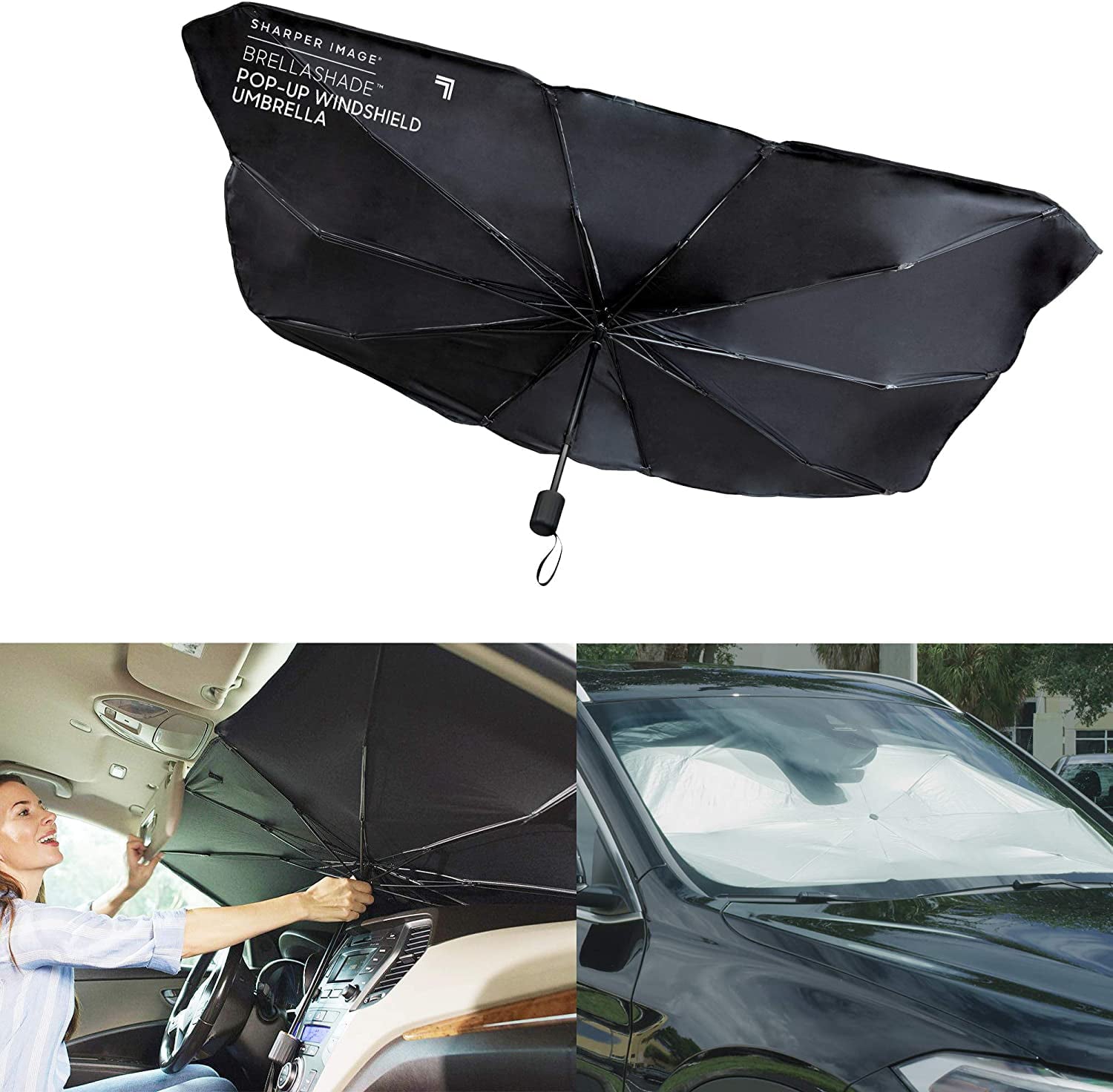 Sharper Image BrellaShade Pop-up Windshield Umbrella, Protects from UV Rays and Sun's Heat, Black