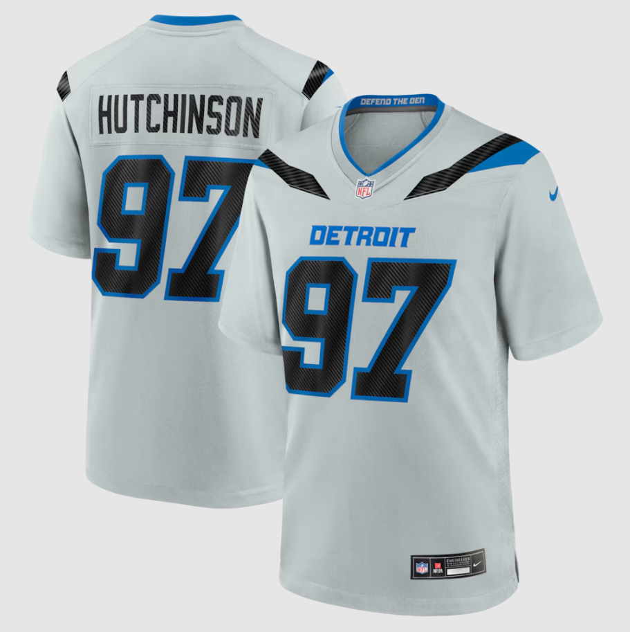 Men's Detroit Lions Aidan Hutchinson #97 Silver 2026 Rivalries Collection Game Jersey