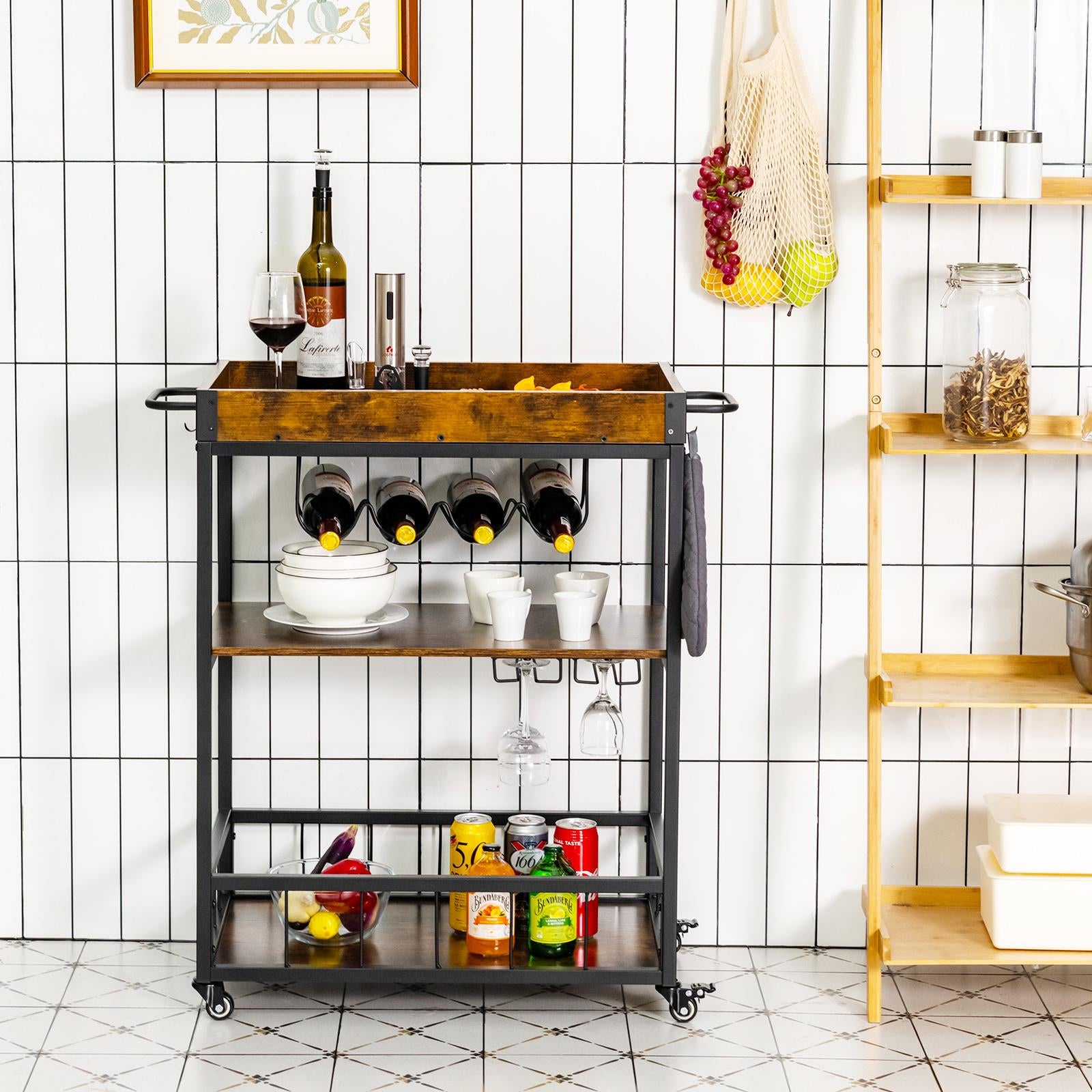 Giantex Bar Cart, Industrial Style Kitchen Rolling Cart  w/Removable Top Tray and Wheels,