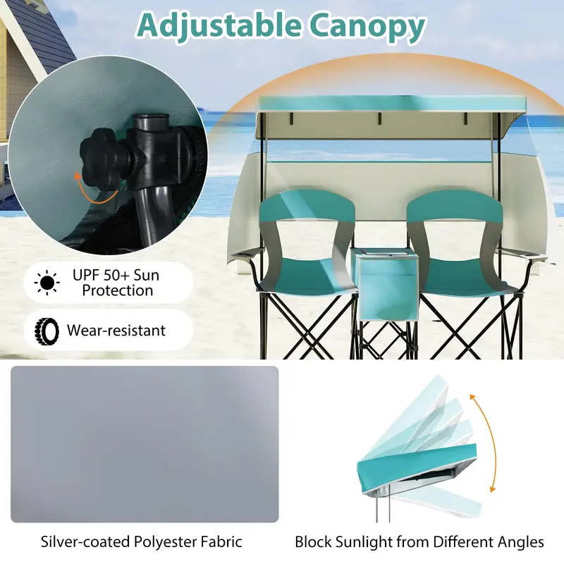Tandem Beach Chair Set – Dual-Seater with Roll-Up Shade, Cooler Bag, Cup Holders & Carry Pouch