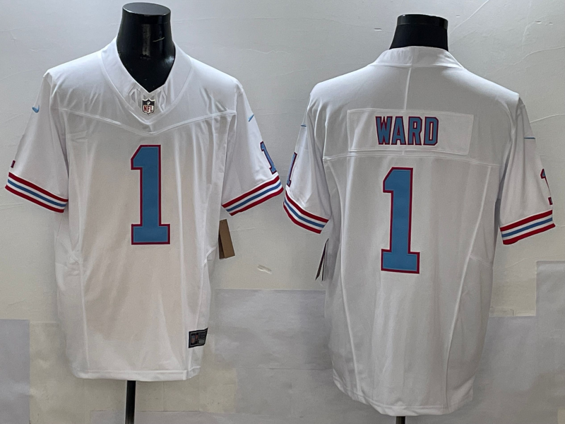Men's Tennessee Titans Cameron Ward #1 White 2025 NFL Draft First Round Pick Game Jersey