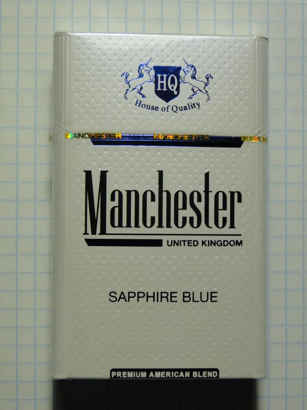 Manchester Sapphire Blue 10-pack carton showing premium British roasted tobacco quality