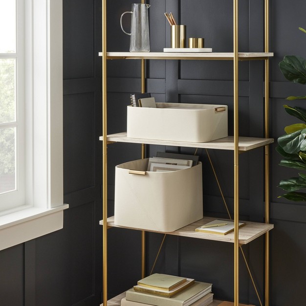 Faux Leather Folio Bin With Metal Handles Ivory