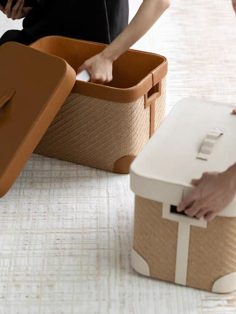 DC169 (Single) - Home Decor Hermès flax hand-woven Italian fine leather dirty clothes basket with lid, multi-purpose storage box