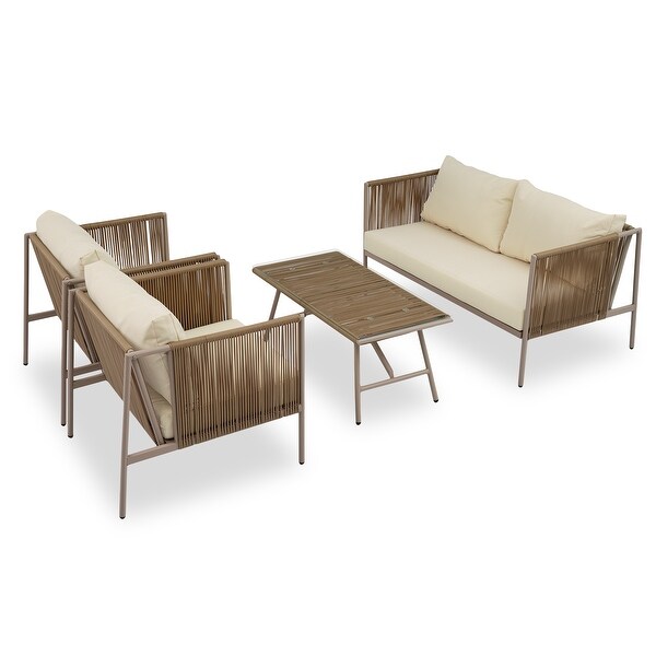 4Piece Rope Sofa Conversation Sets with Cushions and Table