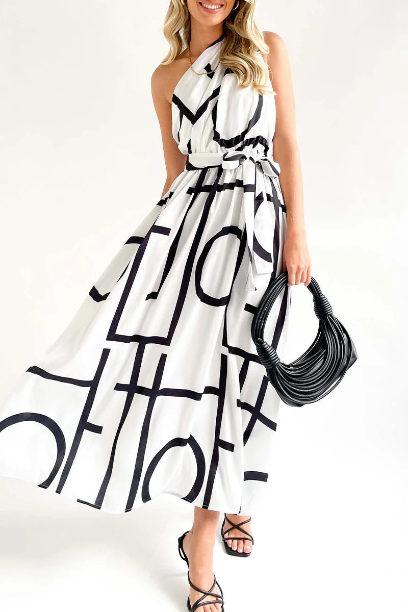 Geometric Print Asymmetrical Neck Maxi DressClistos