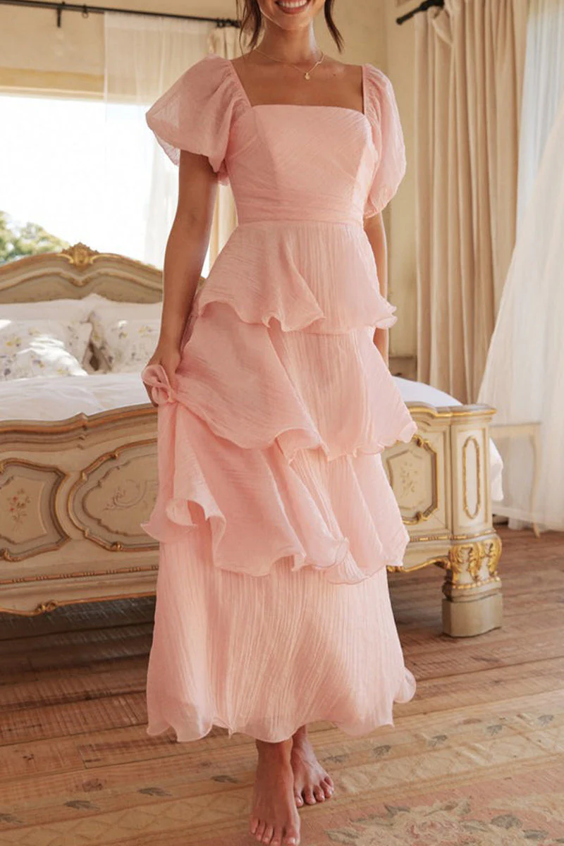 Backless Square Neck Puff Sleeve Maxi DressClistos