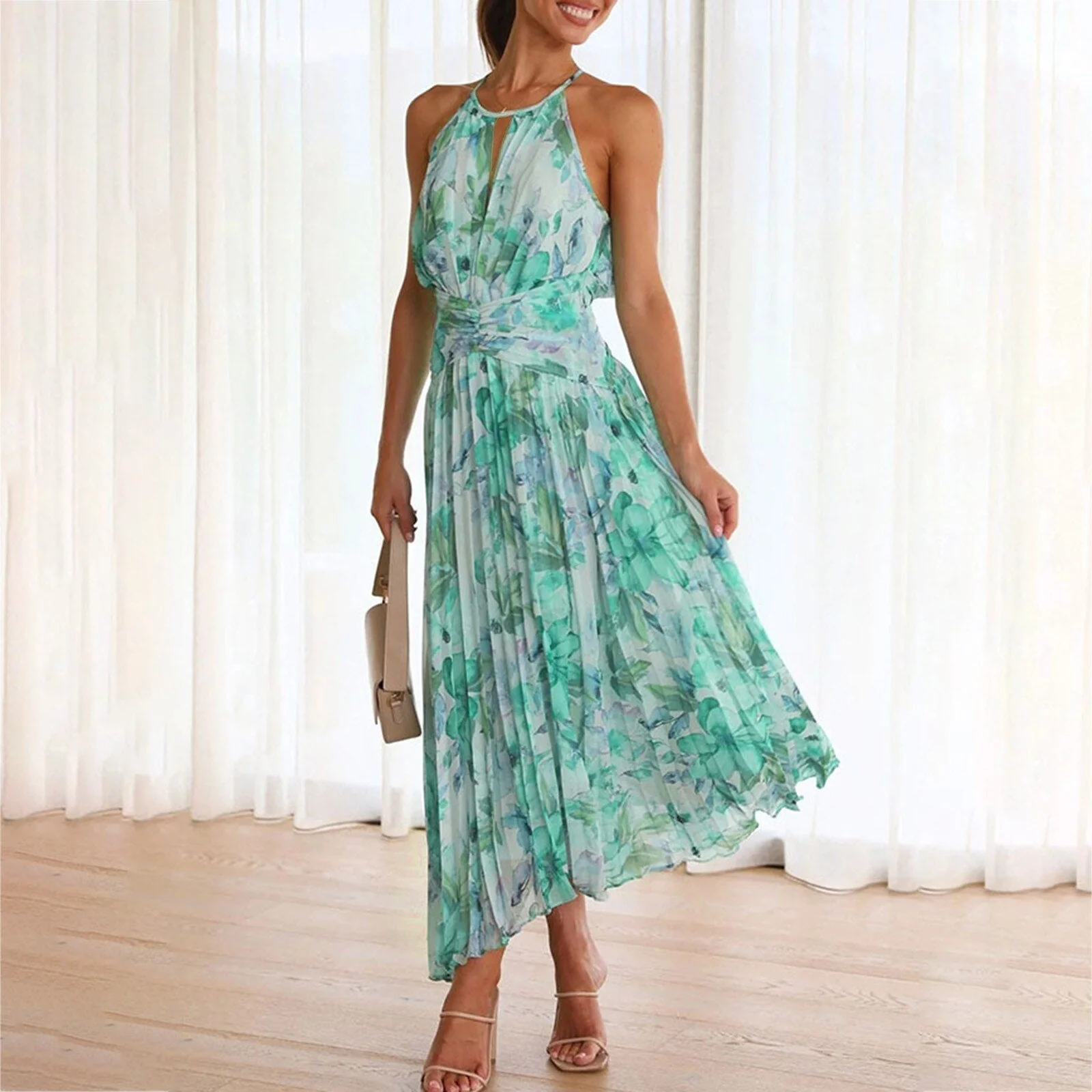 Floral Halter Neck Backless Maxi DressClistos