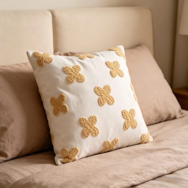 White Base Beige Cross Embroidered Decorative Throw Pillow with Insert