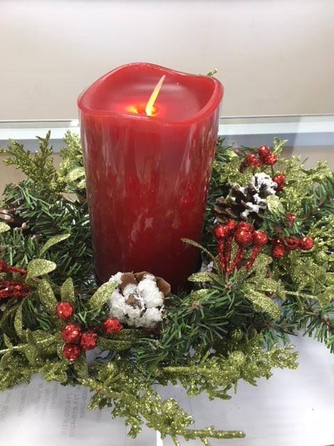 Christmas Mistletoe Table Centerpiece with LED Red Candle (24x22 Spray)