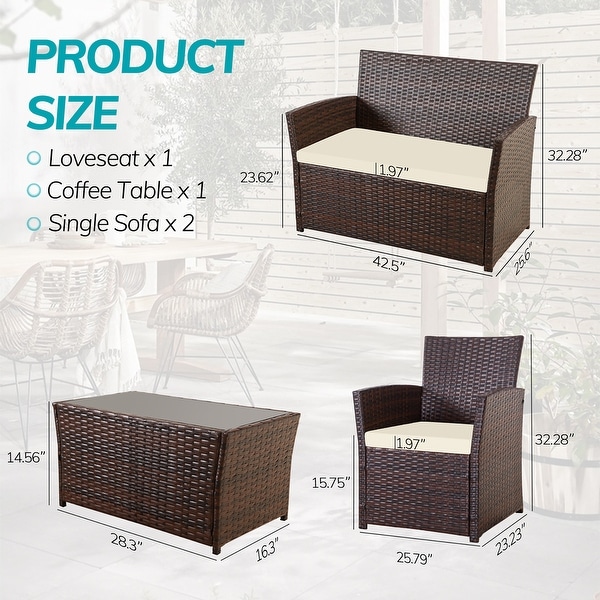 4 PCS Wicker Patio Conversation Set Rattan Seating Sofa Chair