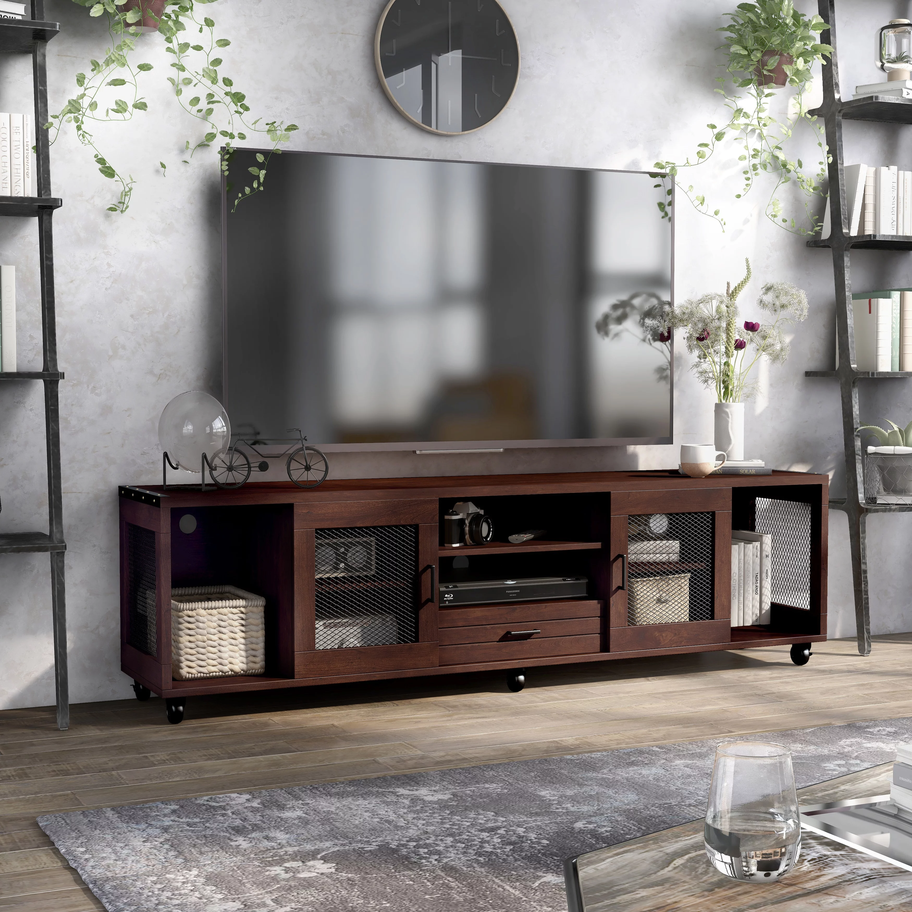 Furniture of America Hury Industrial 70-inch Metal 4-Shelf TV Console by  Vintage Walnut Walnut Finish