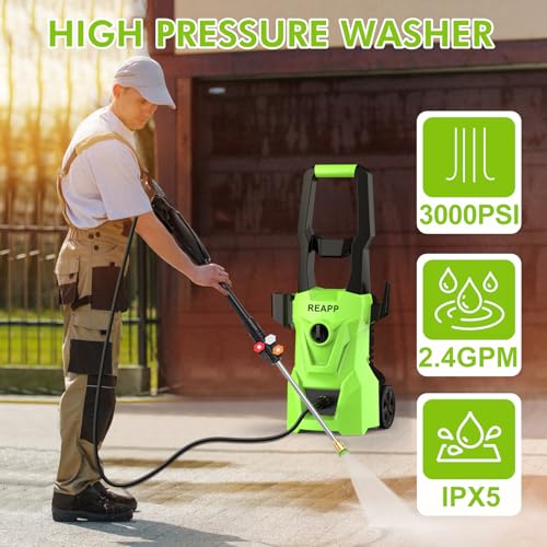 Electric Pressure Washer,Foam Cannon,4 Quick Connect Pressure Nozzles,Power Washer 3000 PSI 2.4 GPM, High Pressure Cleaning Machine for Cars/Fences/Driveways/Patios/Home (Green)