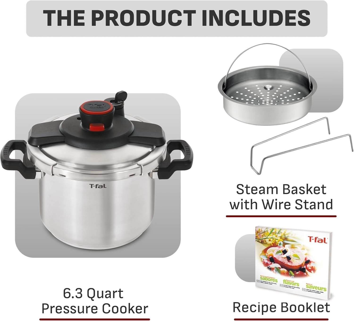 Stainless Steel Pressure Cooker, 6.3 Quart, Recipe Book, Steam Basket, Easy-Open Lid, Secure Locking System, Adjustable Pressure Valve, Induction Cookware, Pots and Pans, Kitchen, Silver