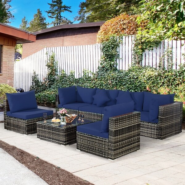 7PCS Patio Rattan Furniture Set Sectional Sofa Garden Cushion