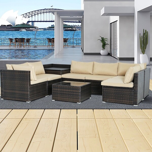 8Piece Brown Outdoor Rattan Furniture Sets with 6 Sofas,1 Coffee Table,Storage Box and Cushions
