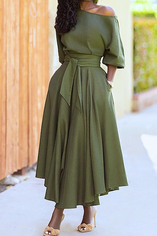 Off Shoulder Midi Dress with Belted WaistClistos