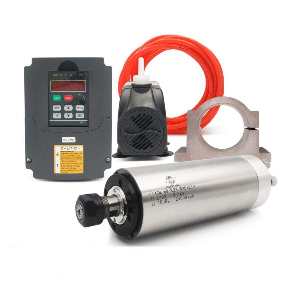 220V 2.2KW CNC VFD+220V 2.2KW 4bearings 400hz 24000rpm Φ80mm Water Cooled Spindle Motor+220V 75W Water Pump+80mm Motor Clamp Mount+5m Water Pipe (Factory Direct Sales)