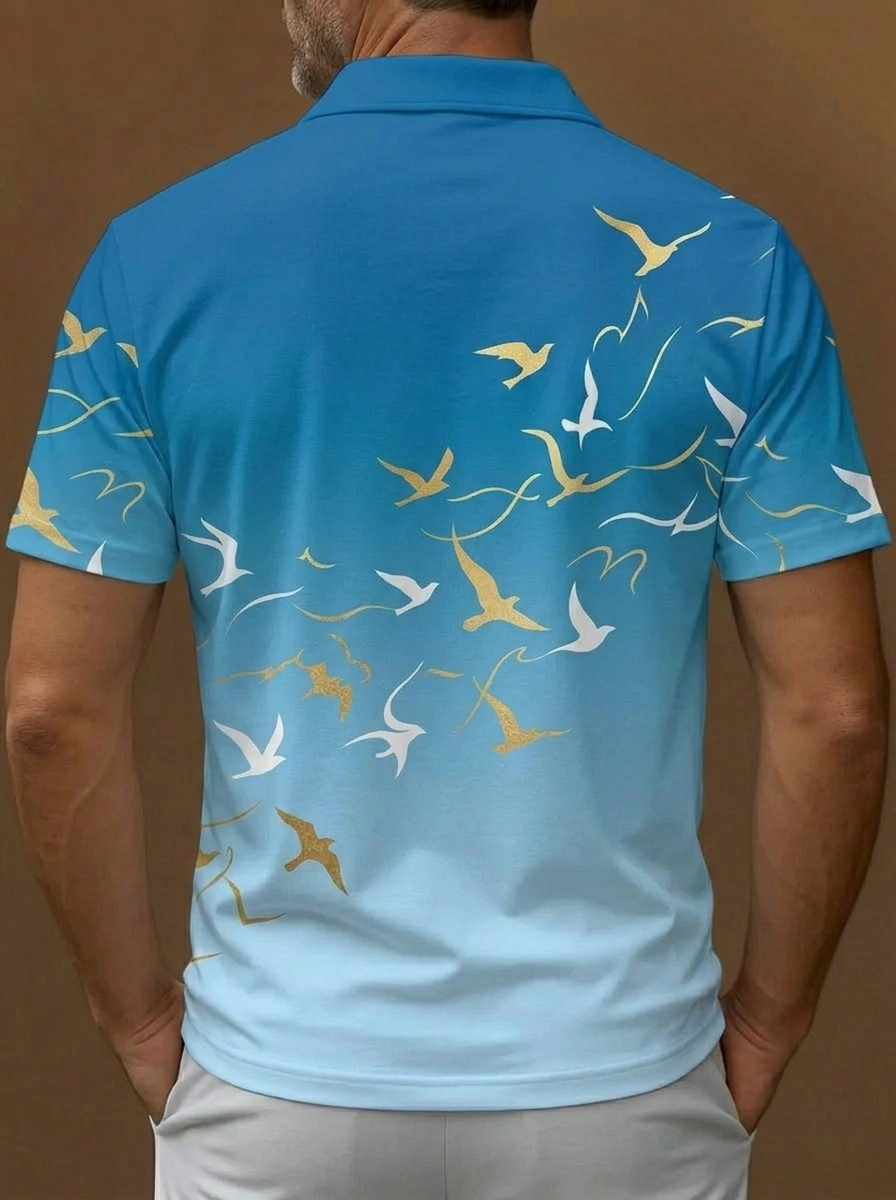 Blue Gradient Gold and White Seagull Print Short Sleeve Golf Polo Shirt