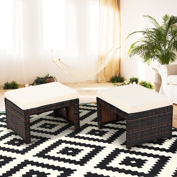 Costway 2PCS Patio Rattan Ottoman Cushioned Seat Foot Rest Furniture