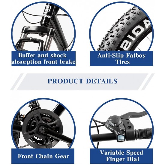 Fat Tire Mountain Bike 21 Speed Derailleur, with High Carbon Steel Frame, Double Disc Brake and Front Suspension Anti-Slip Bikes with 26 inch Wheels