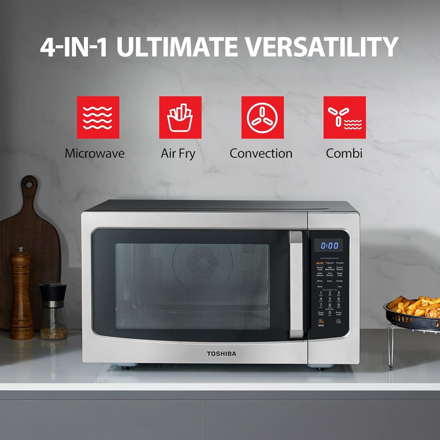 4-in-1 Countertop Microwave Air Fryer Convection Oven 1.5 Cu Ft 1000W Silver
