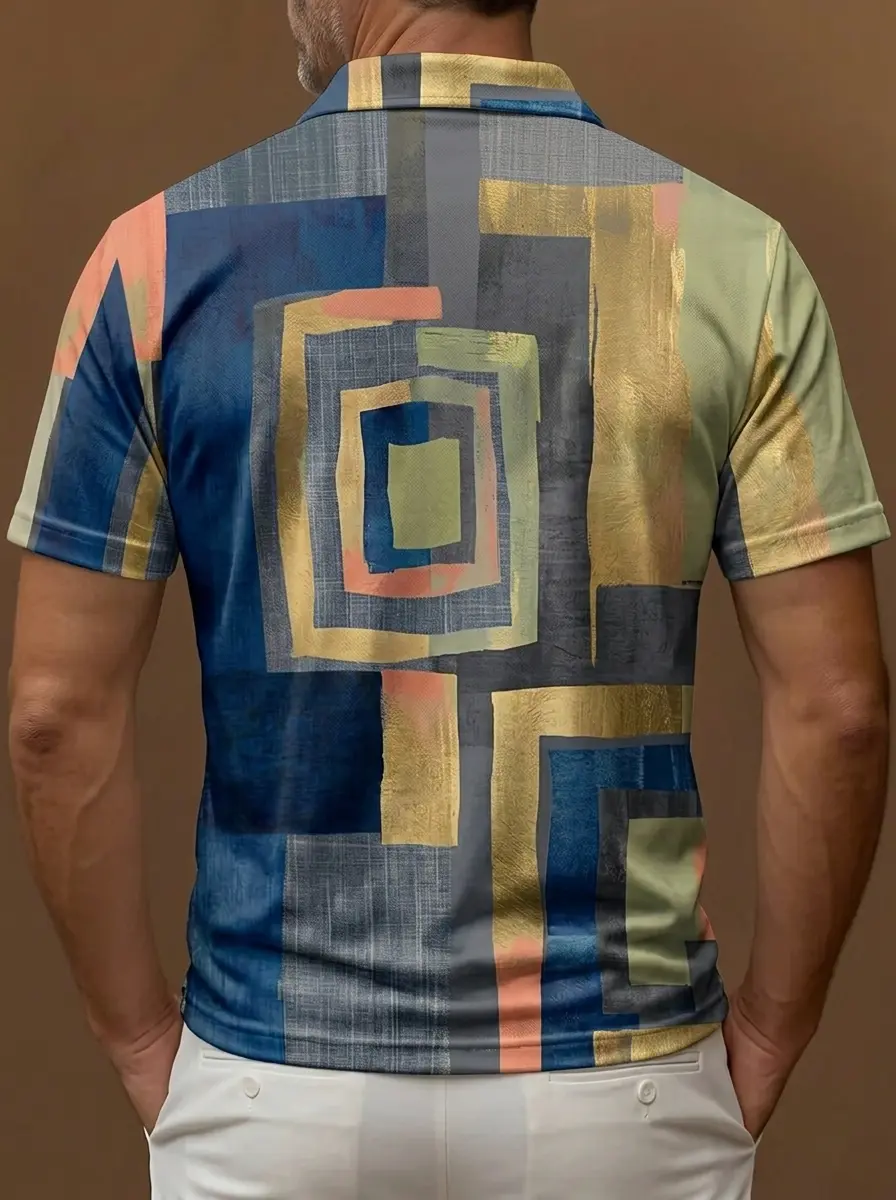 Blue Gold Peach Abstract Geometric Print Short Sleeve Golf Polo Shirt