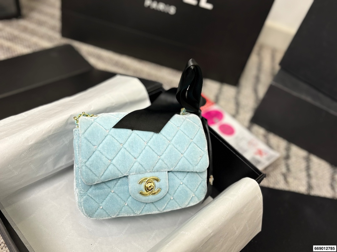 Chanel Velvet Diamond Ball Chain Square Fat Bag - cnluxepick
