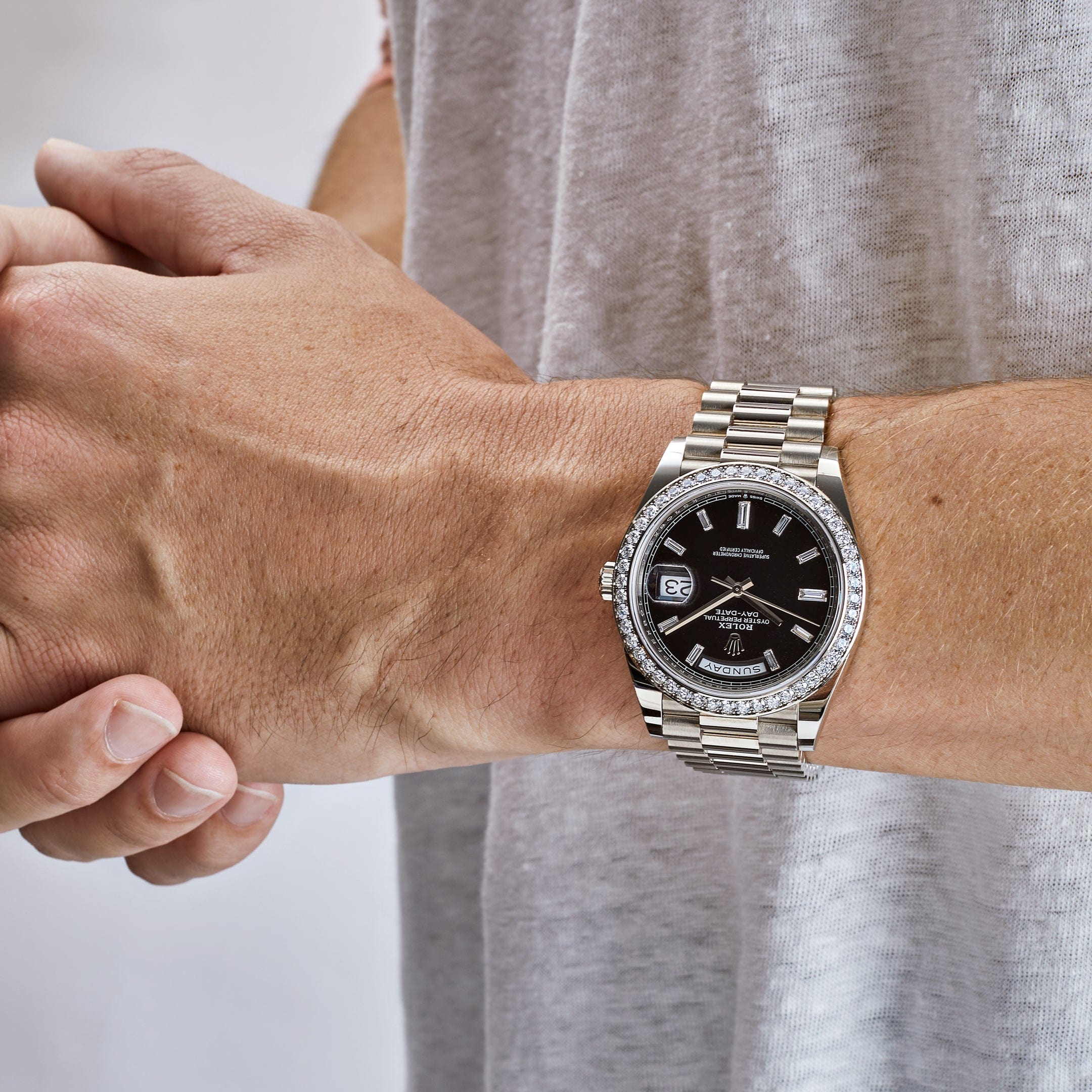 Rolex Day-Date 40 228349RBR White Gold Black Diamond Baguette Dial Diamond Bezel (2021)