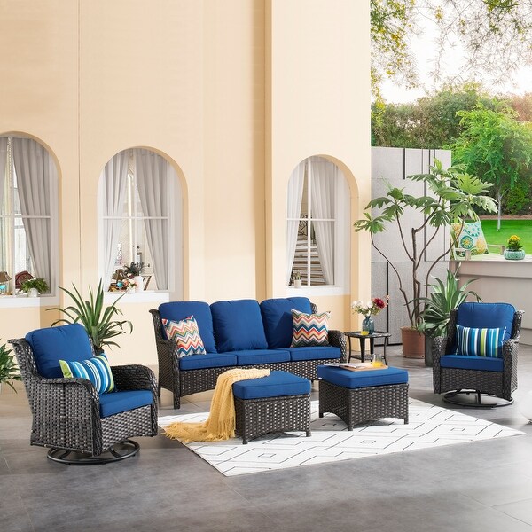 OVIOS 6piece Rattan Wicker Patio Furniture Set Swivel Gliding Chair Set