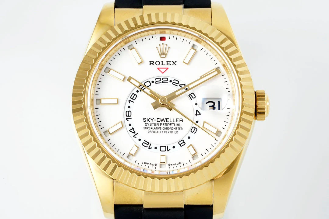 Rolex Sky-Dweller 42mm Gold Case White Dial Rubber Strap