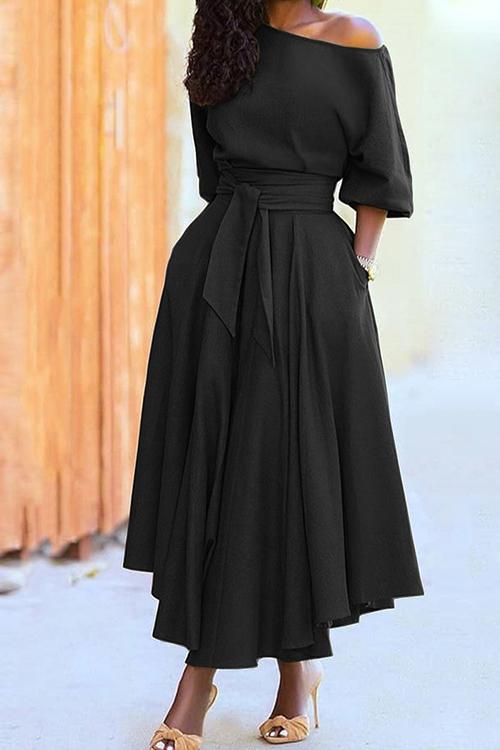 Off Shoulder Midi Dress with Belted WaistClistos