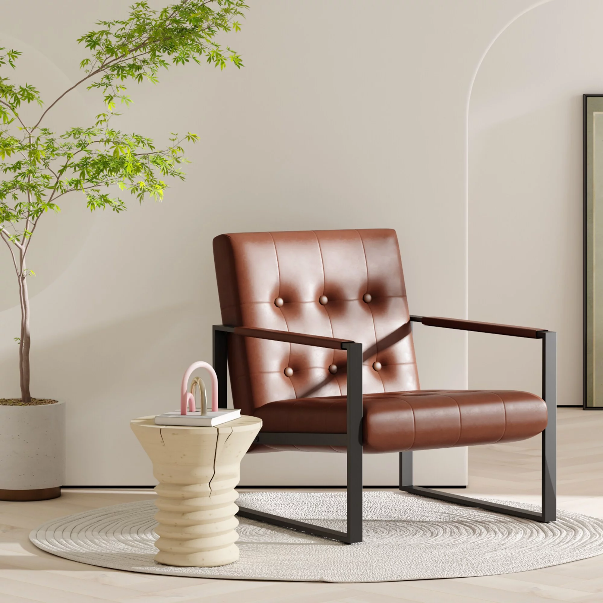 Mieres Mid-Century Style Faux Leather Accent Chair, Armchair with Steel Frame, Modern Single Sofa Chair for Living Room Bedroom Office Brown