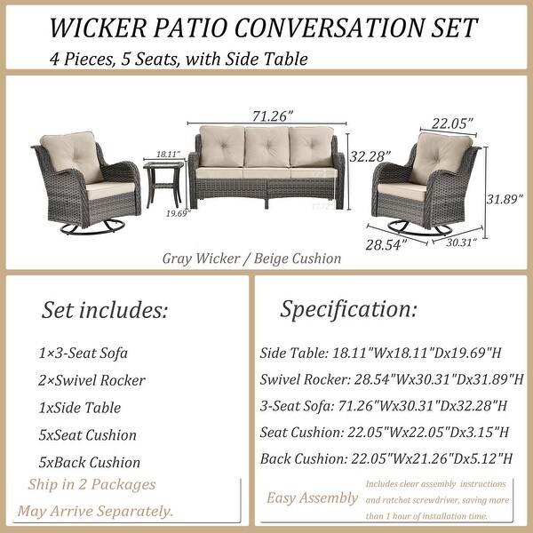 5 Seat Wicker Patio Furniture Conversation Setting with High Back Swivel Rocking Chairs,Cushions Included 🎃