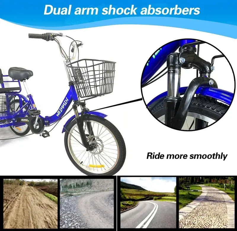 Star Strip Blue Folding Adult Tricycle – 20-Inch 7-Speed 3-Wheeler with Stable Frame and Compact Fold Design