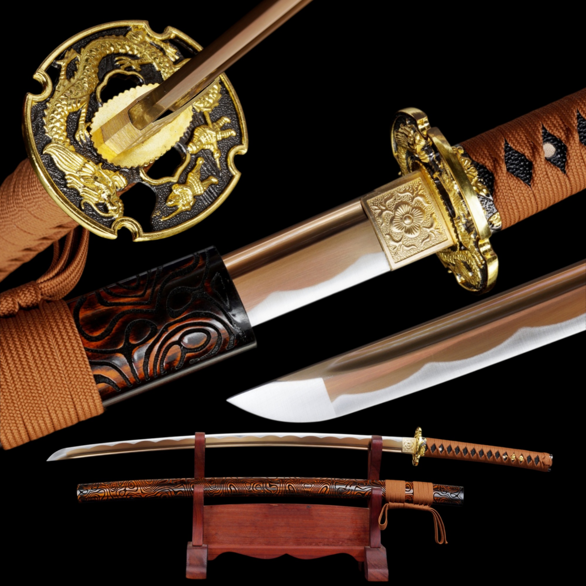 Handmade Japanese Katana High Carbon Gold Blade Dragon Tsuba Full Tang