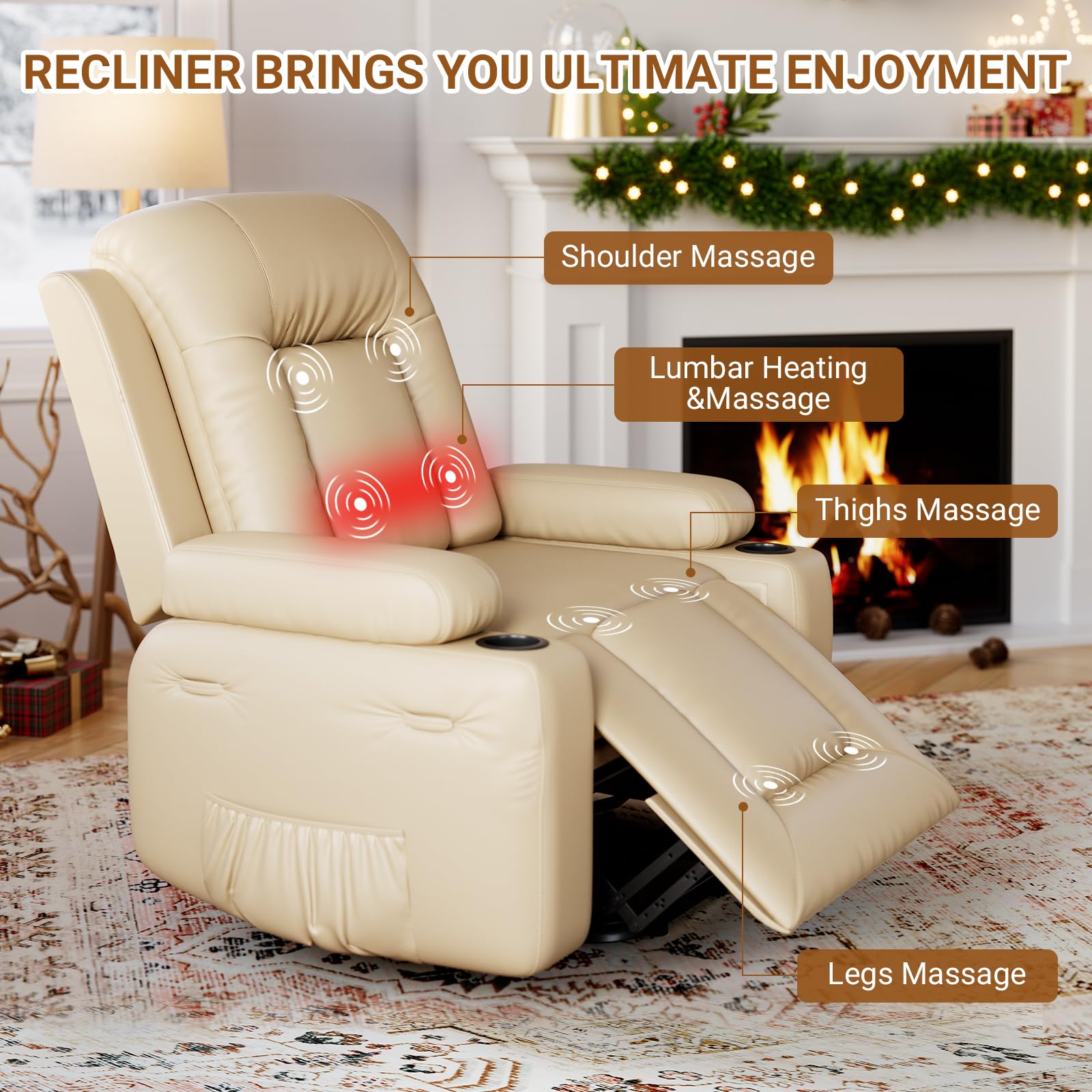 2026 PU Leather Power Lift Recliner Chair With Massage and Heat, Adjustable Furniture for Back, Legs w/ 3 Positions, Usb Port, Side Pocket (Beige, 27 Seat Width+Cup Holders)