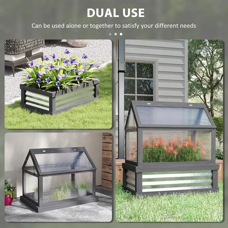 Wooden Raised Garden Bed with Polycarbonate Peak-Roof Greenhouse – 35.5″ x 22.5″ x 38.25″, Gray Cold Frame Planter