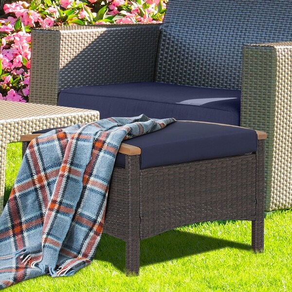 Gymax 2PCS Patio Ottomans Wooden Handles Rattan Knitting Foot Pedal